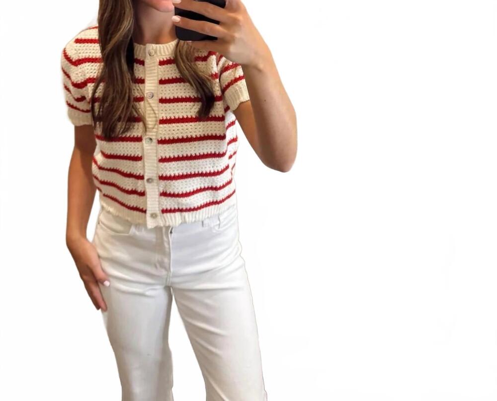 NEW DOUBLE ZERO scallop short sleeve cardigan in cream/ red